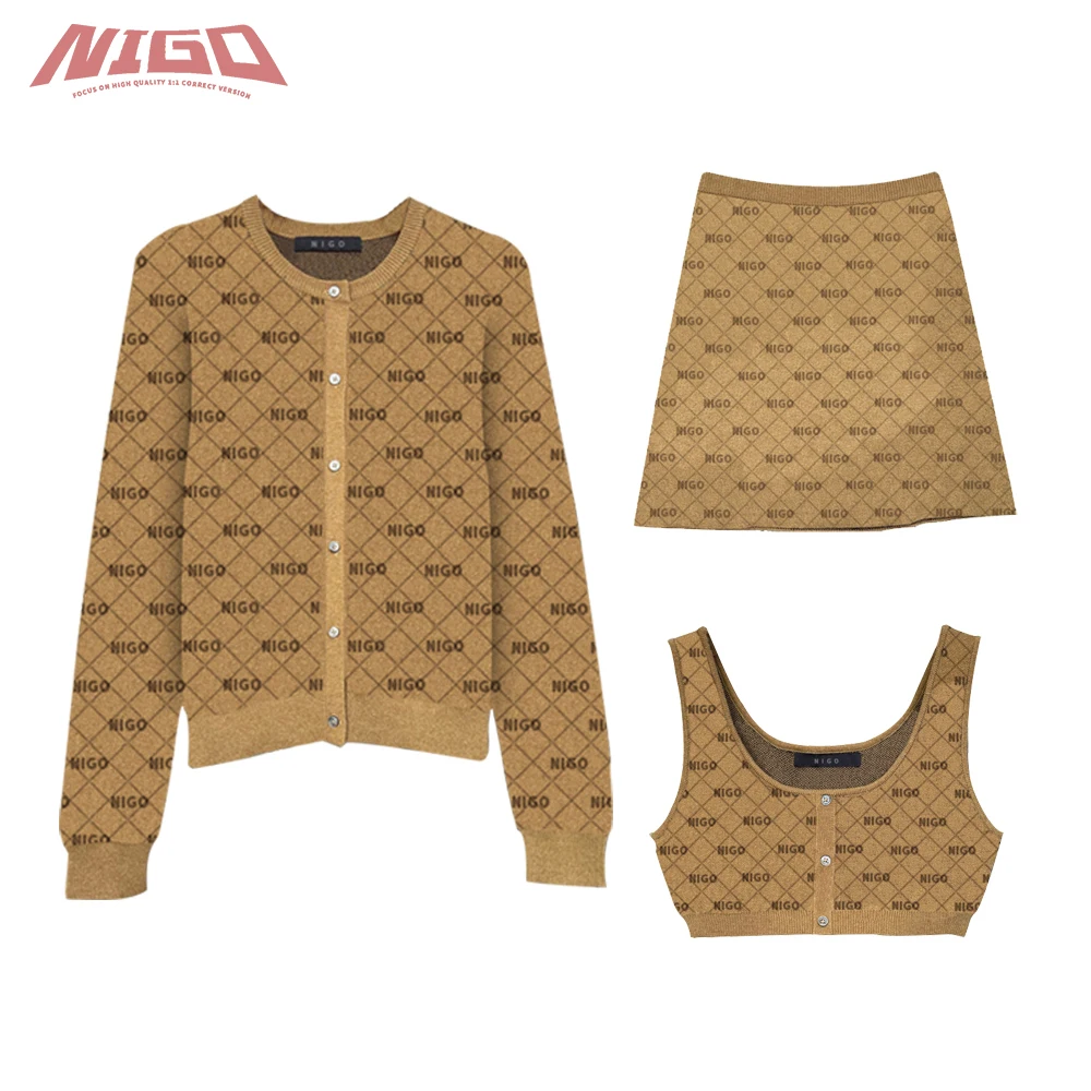 

NIGO Ms 21ss женский осенне-зимний Кардиган на пуговицах с узором, кофта, костюм-тройка # nigo52665
