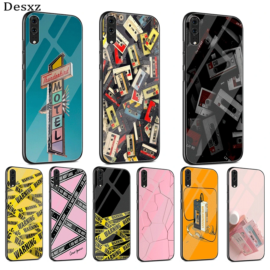 

Fashion tape Glass phone Case For Huawei P10 P20 P30 Lite Pro P Smart Y6 Prime 2019 Mate 20 Pro Lite Cover