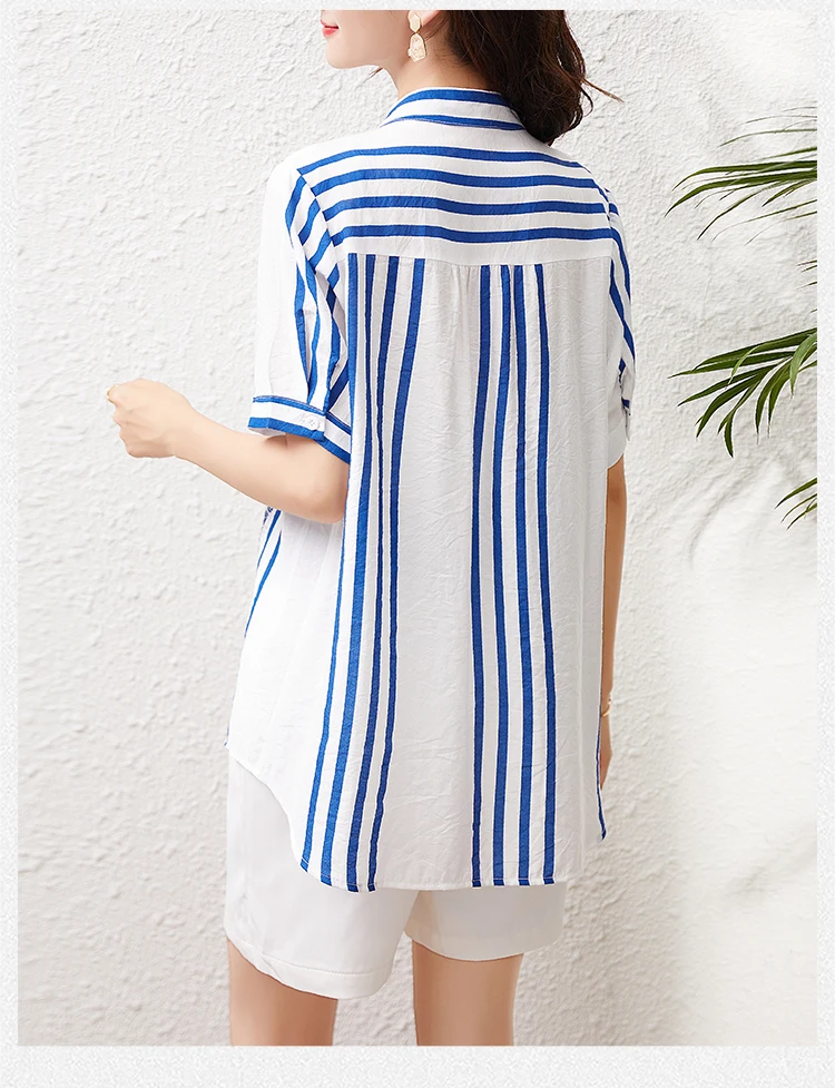 

Chiffon Loose Women's Shirts New Fashion Blouses Casual Short Sleeve Blusas Lace Stripe Stitching V-neck Shirts Summer Houthion