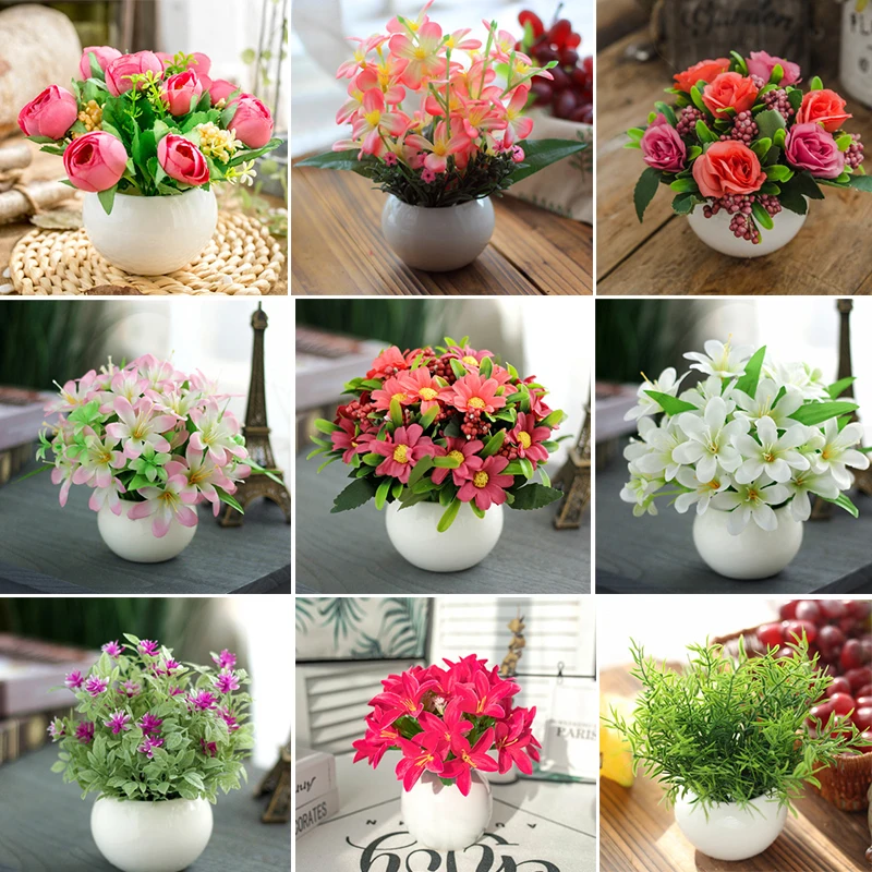 

Artificial Flower Potted Plant Lifelike Daisy Lily Landscape Potted Home Gardening Office Balcony Tabletop Ornaments