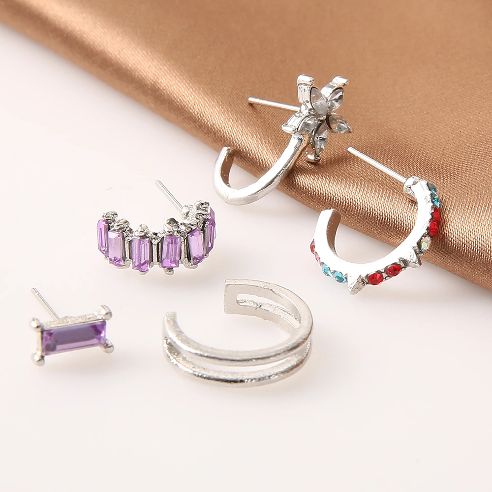 

Ocean Boho Asymmetry Stud Earrings Set Purple Crystal Geometry Without Piercing Flower Ear Clip for Women Party Jewelry Gift