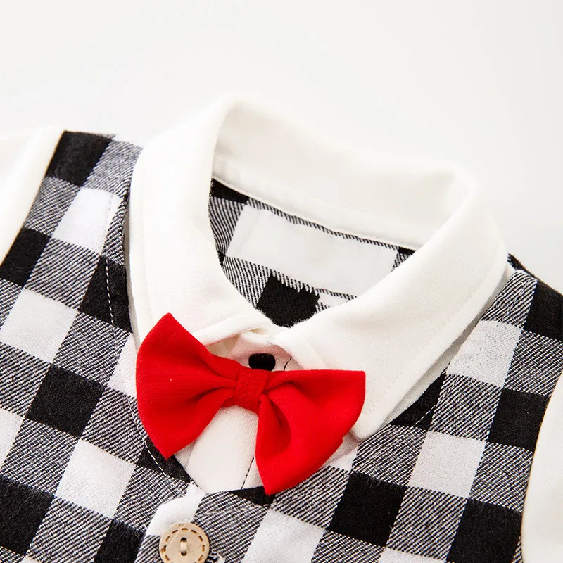 YiErYing Newborn Baby Boy Romper Jumpsuit Overalls Infant Cotton Outfit Black and white grid with Bow Tie Gentleman's baby |