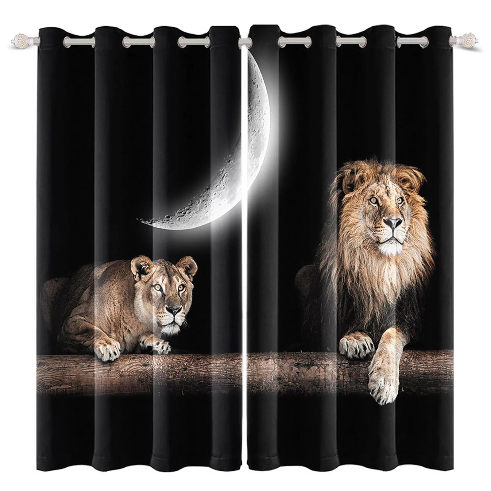 

Wild Animal Lion With Moon Night Sky Landsacpe Curtains High Quality Sunshade Insulation Treatment Drapes 100% Polyester