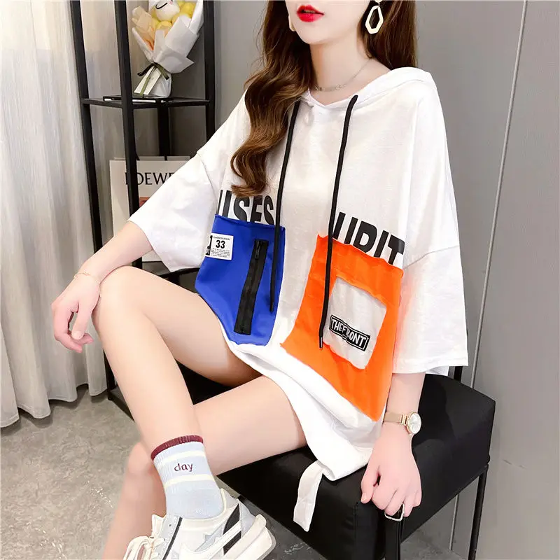 

2021 Spring and Summer New Korean Women's Loose T-shirt Ins Tide Fashion Short Sleeve Hooded Vests