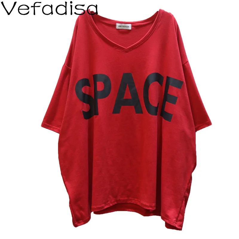 

Vefadisa High Quality Letter Print Women T-shirt 2021 Fashion Summer Female T-shirt V-Neck Plus Size Short Sleeve Top QYF5676