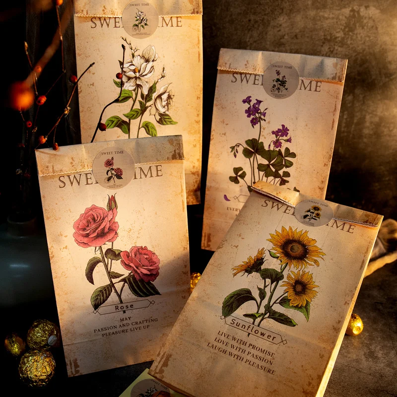 

12Sets Vintage Kraft Paper Bags Rose Sunflower Gardenia Stand Up Packaging Bags Wedding Party Favor Bag Gift Wrapping Supplies