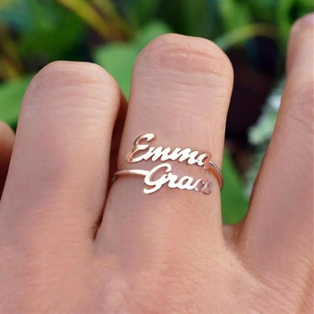 Customized Two Name Rings Stainless Steel Rings for Women Gold Personalized Couples Names on Ring Wedding Jewelry Gifts freeshipping personalized carrie style two finger silver name rings couples name ring custom name jewelry