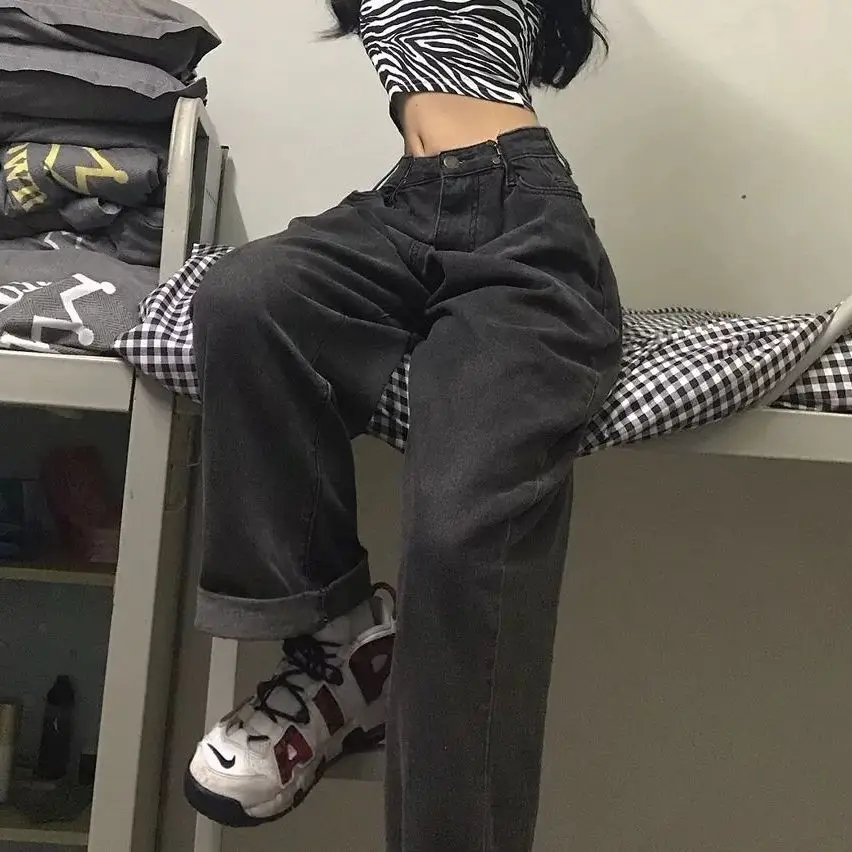 

Women Jeans Vintage Adjustable High Waist BF Oversize Wide Leg Trousers Autumn New Ins All-match Streetwear Retro Korean Chic