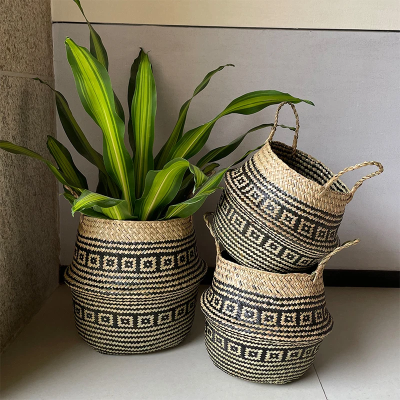 

Handmade Wicker Woven Storage Basket Dirty Clothes Basket Seaweed Rattan Decorative Flower Pot