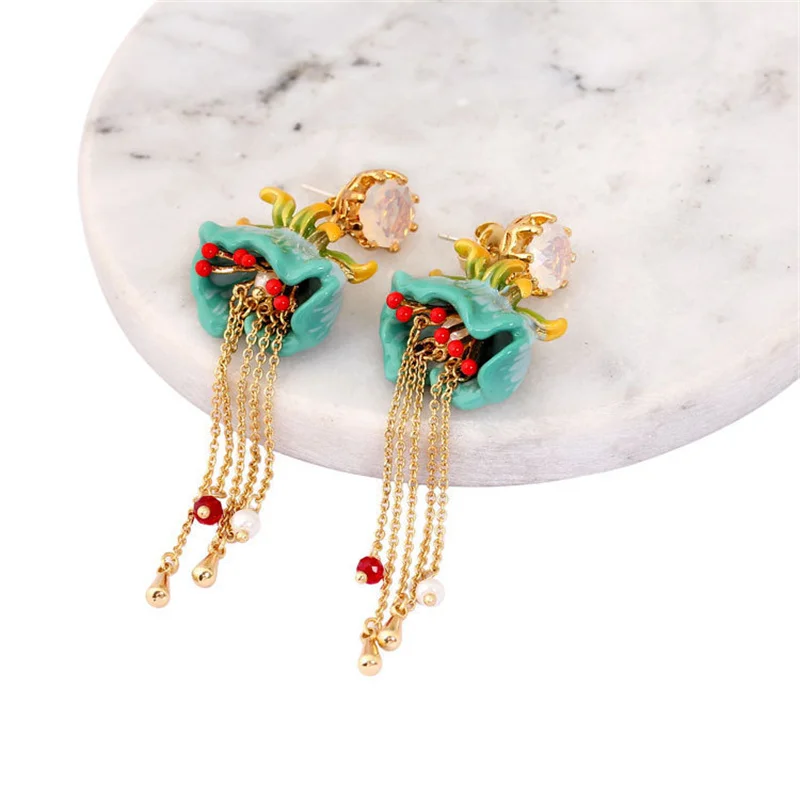 

New Personality Hot Sale Enamel Lily of The Valley Flower Earrings Long Tassel 925 Silver Needle Stud Earrings Earrings Women