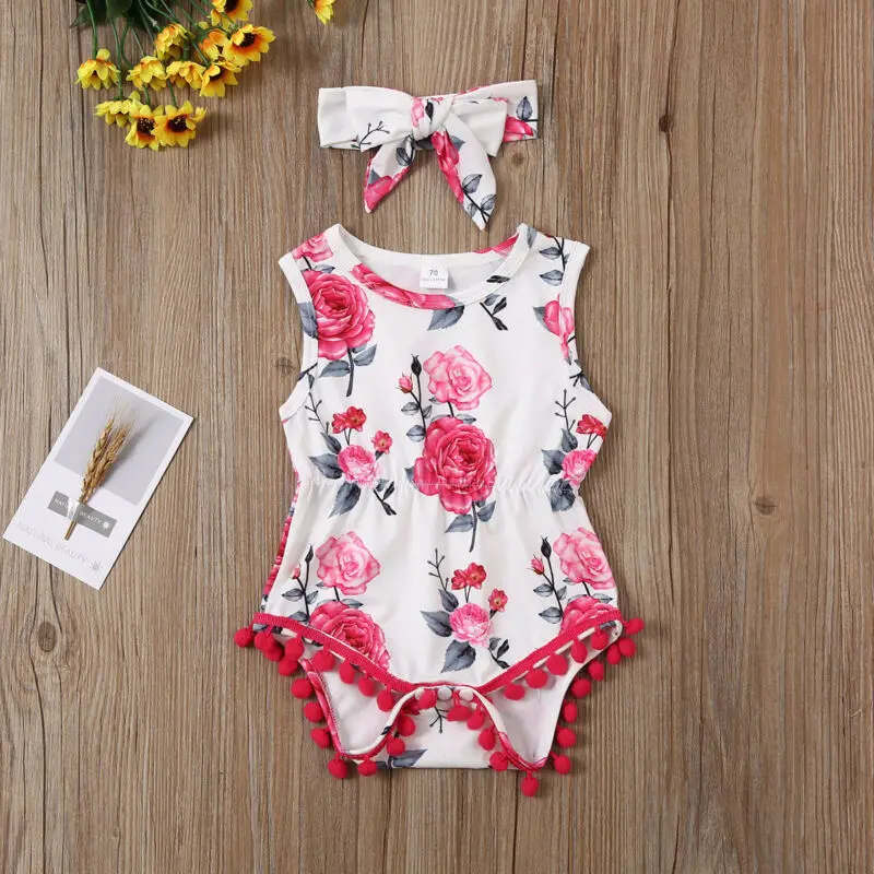 

Baby Romper Girls Sunsuit Clothes Floral Romper Headband Sets 0-18M