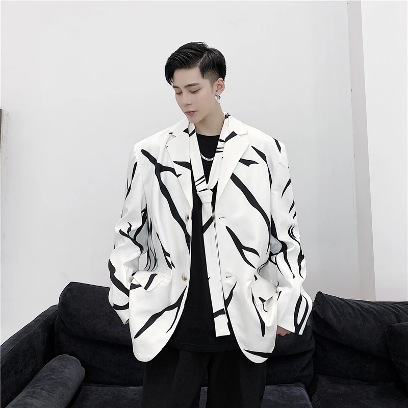 

Men Tie Design Loose Casual Suit Blazers Coat Male Streetwear Vintage Fashion Hip Hop Suit Jacket Outerwear
