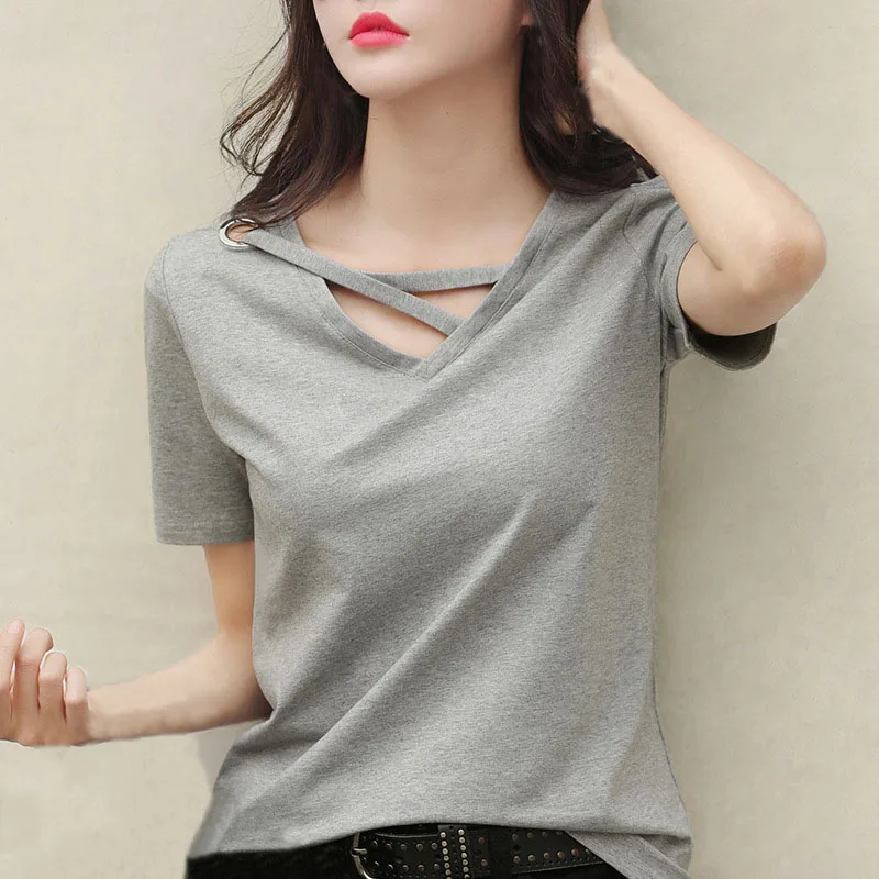 

T-Shirt 2021New Female Summer Fashion Short Sleeve V-Neck Loose-Fitting Casual Tops Ins Style Trendy Solid Bandage Pullover Slim