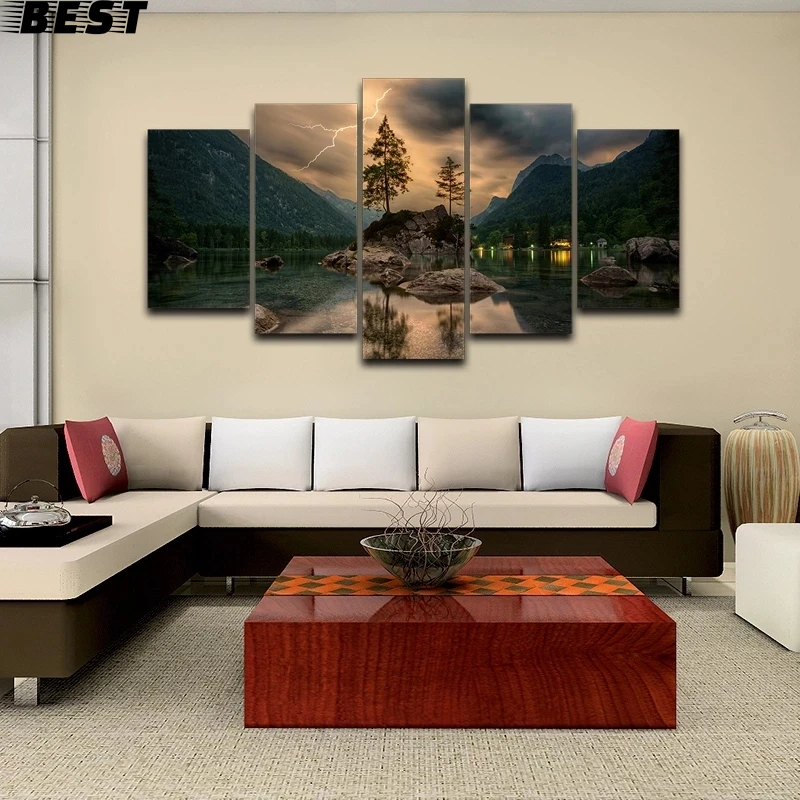 

Настенная Картина на холсте, HD печатный плакат, 5 шт., горное озеро, молния, Ландшафтные картины, дерево для домашнего декора Room, домашний деко...