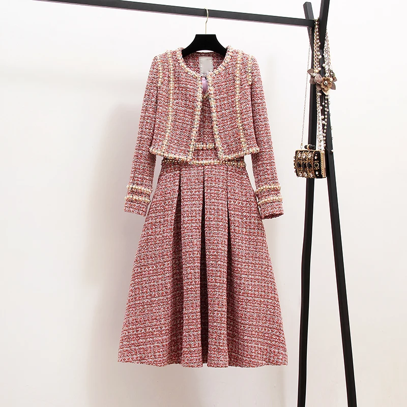 

2022 Winter Tweed Wool 2 Piece Set Women Elegant Thick Short Jacket Coat Colorful Plaid Beading Tweed Vest Dress Two Piece Set
