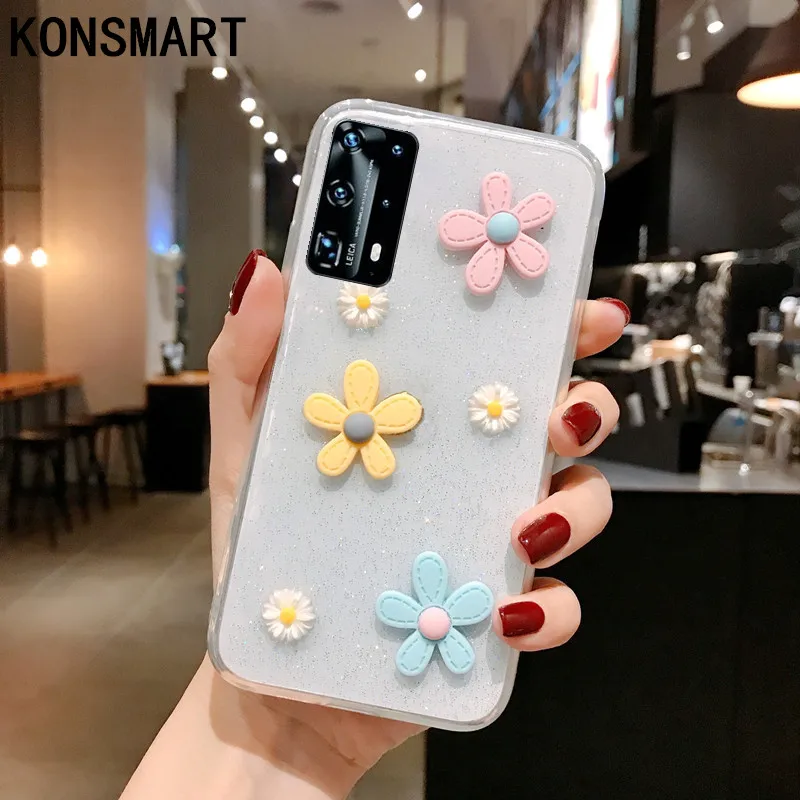 

KONSMART For Huawei P40 Pro Plus Case Nova 7 SE Cover P40 Lite 5G Clear Glitter Flower Soft Phone Case Nova 7i Fundas P40 Pro+