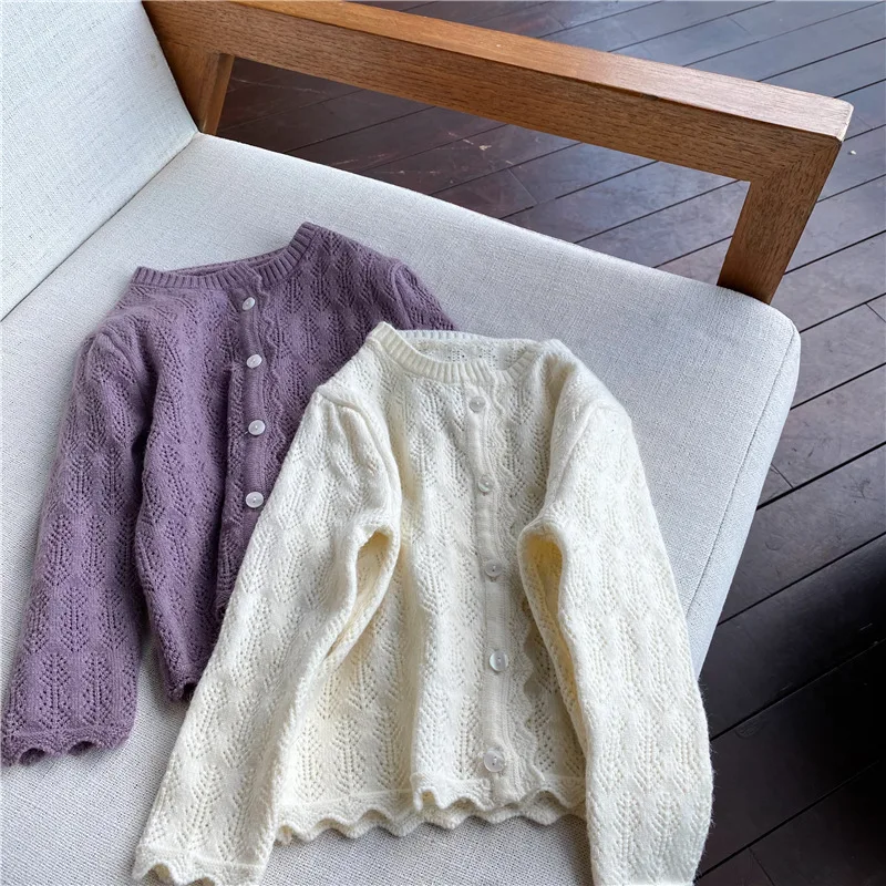 

children wear spring 2021 small hollow knit sweater coat baby girls Korean solid color Outerwear