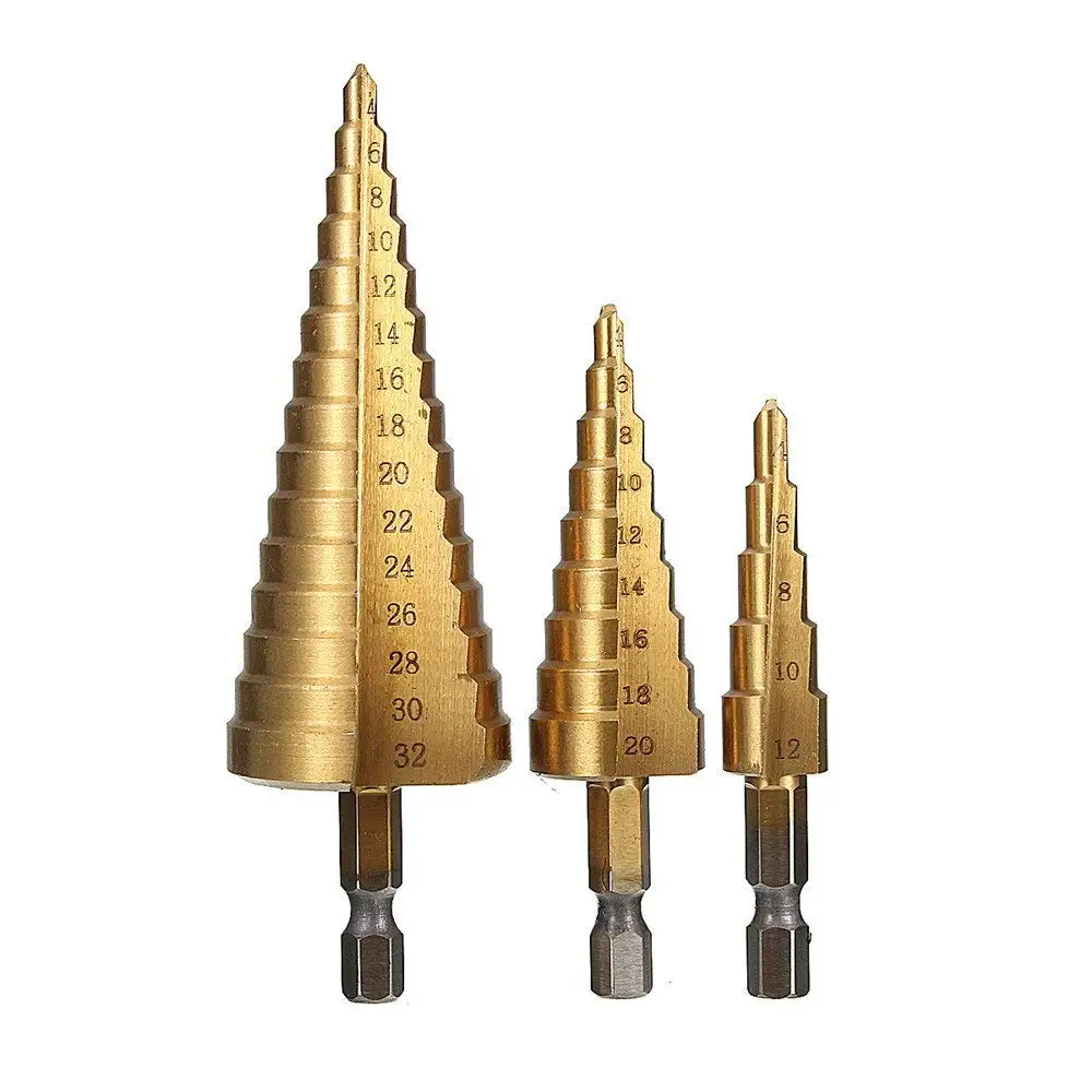 

3X Titanium Coated Drill HSS Hex Shank Pagoda Step Cone Drill Bit 4-12/20/32mm Car RV Camper Goods
