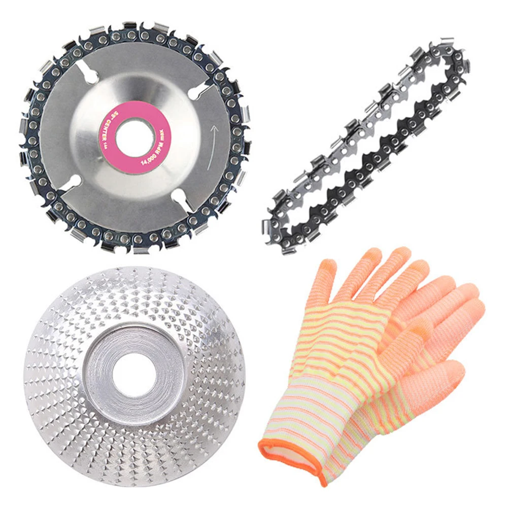 

4pcs Grinder Chain Disc Set Wood Shaping Disc for Wood Angle Polishing Grinding Tool with Replacement Chain Gloves Carving Tool