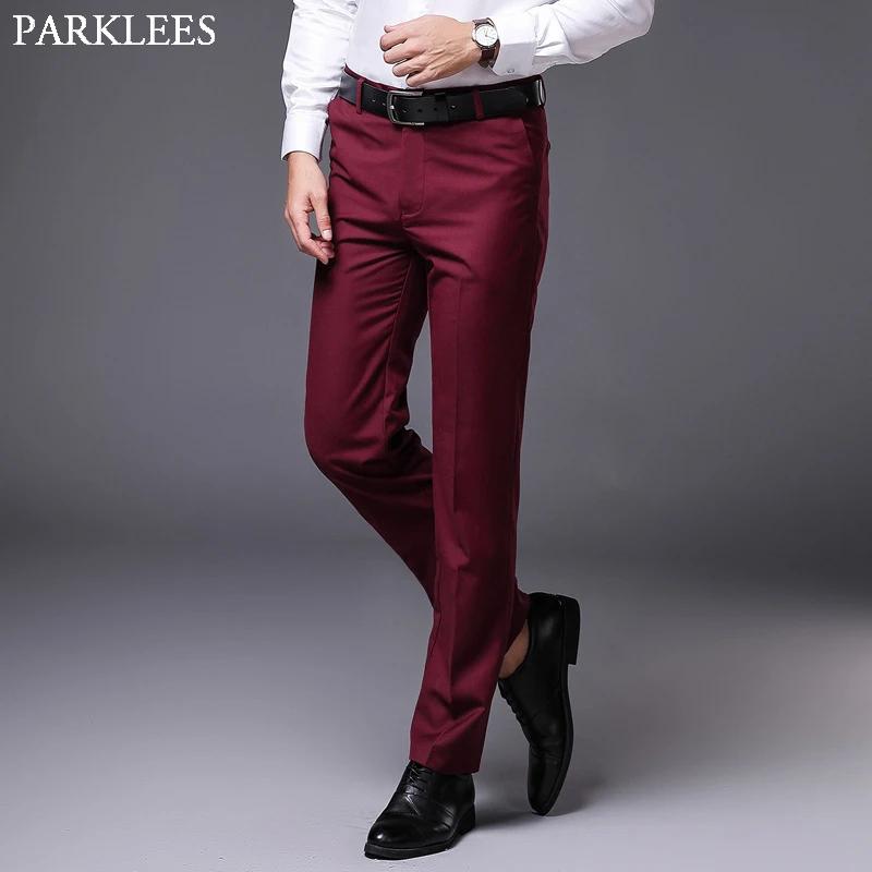 Mens Slim Fit Straight Dress Pants 2019 Brand Flat-front Causal Trousers Male Business Formal Pantalon de Vestir Hombre Wine Red