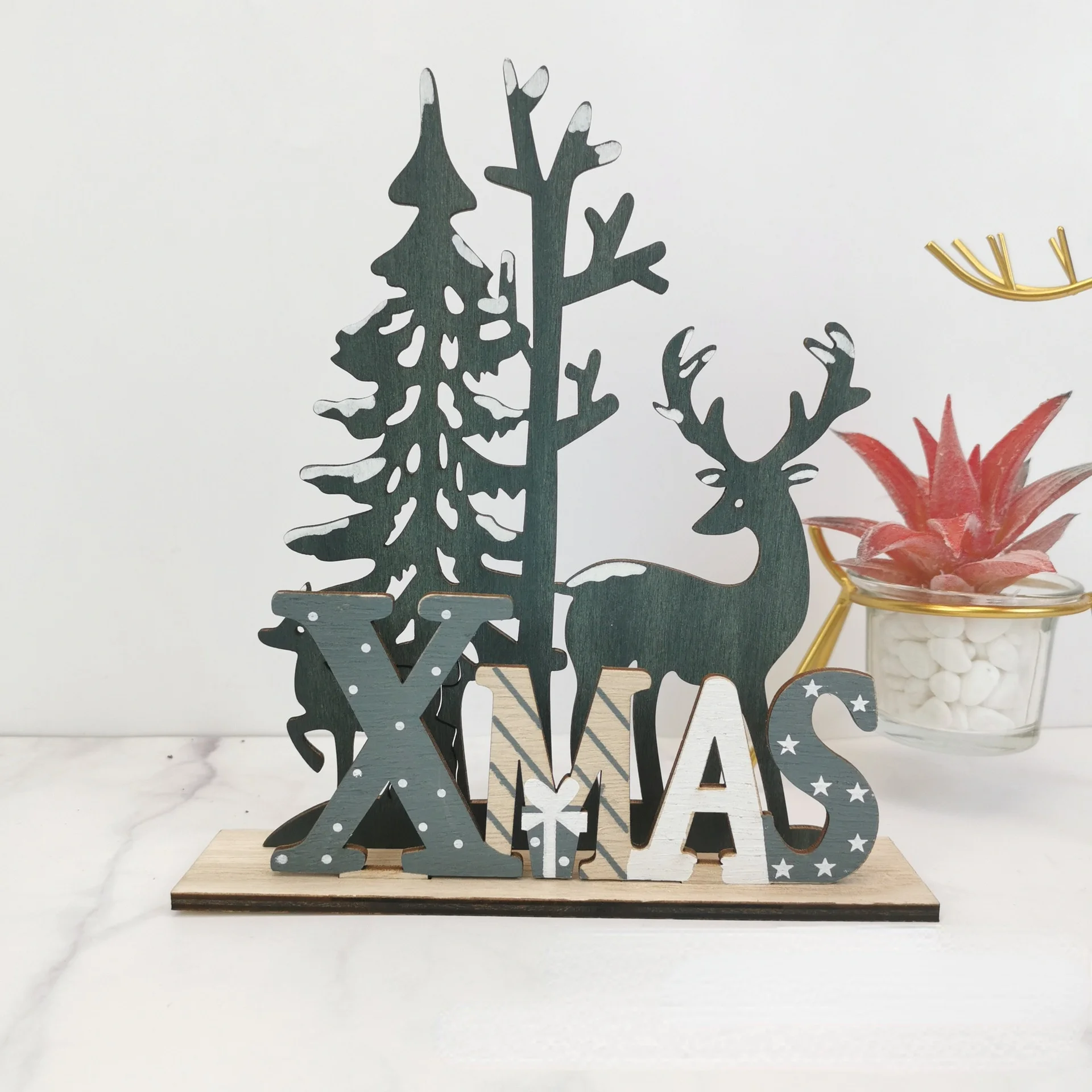 

Christmas Decorations, 19cm Wooden Christmas Elk, Creative Three-dimensional Stitching, Children's Toys, Home Desktop Ornaments