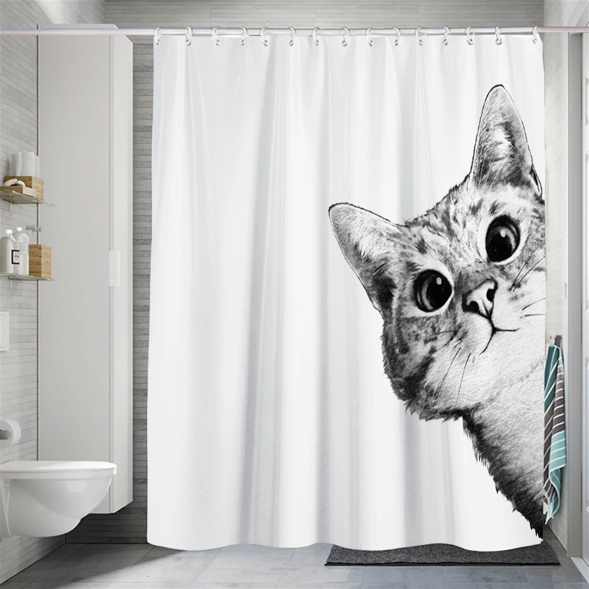 

Простая ветрозащитная занавеска для душа в нордическом стиле с мультяшными животными, котенком, оленем, черно-белая занавеска для ванной ко...