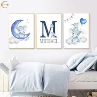 cartoon moon elephant canvas painting nursery cartoon animals poster personalized boys name wall art prints home decor pictures