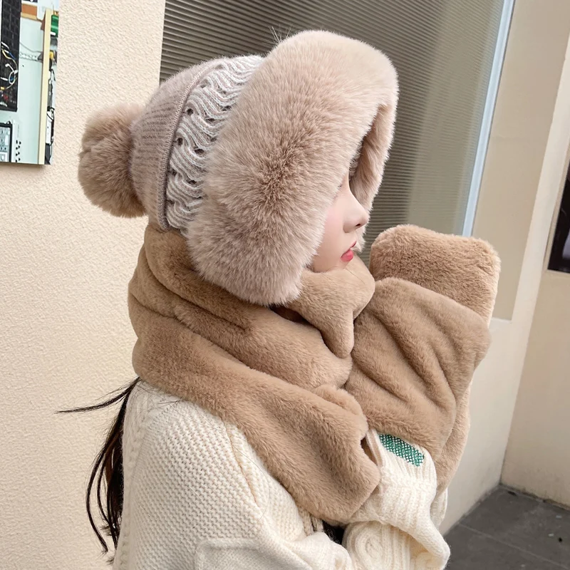 

Hat scarf one female cute plush conjoined to keep warm in winter and hair thickening protective gloves to protect the ear collar