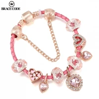 pink leather cord bracelet with rose gold glittering love pendant charm ladies bracelet jewelryfine bracelet women jewelry gift