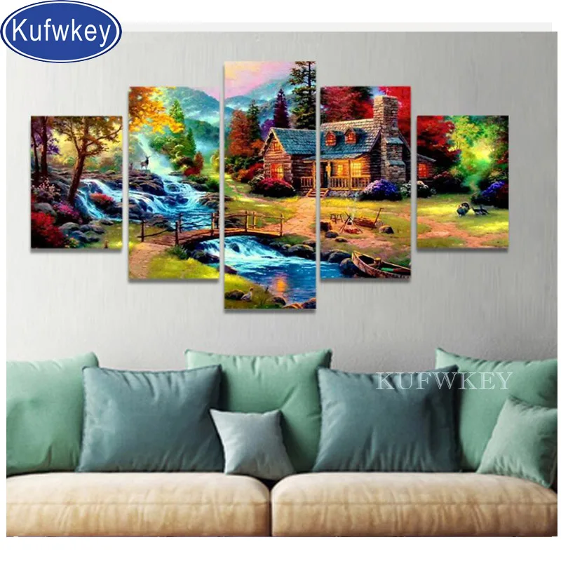 

5 pcs Diamond Painting House "mountain river villa''Mosaic Cross-Stitch Embroidery christmas 5d diamond art Scenery painting