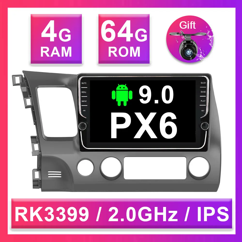 4G 64G PX6 Eunavi 4G+ 64G 2 DIN ips Android 9,0 автомобильный Радио Мультимедиа Видео плеер gps для Honda Civic 2006-2011 2din автомобильный ПК 9 дюймов без dvd - Цвет: 4G 64G PX6