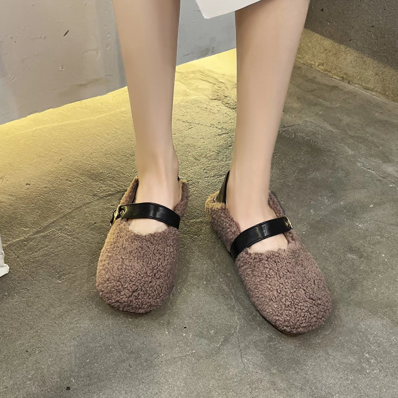 

NEW Winter Fashion Warm Furry Casual Joker Comfort Ladies Shoes Women Flat Shoes Buckle Shallow Loafers Female Leisure 2021 Hot