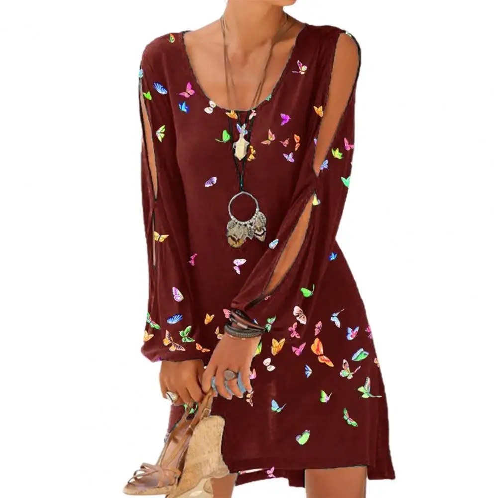

Women Dress Butterfly Print O Neck Hollow Out Long Sleeve Loose Mini Dress for Beach