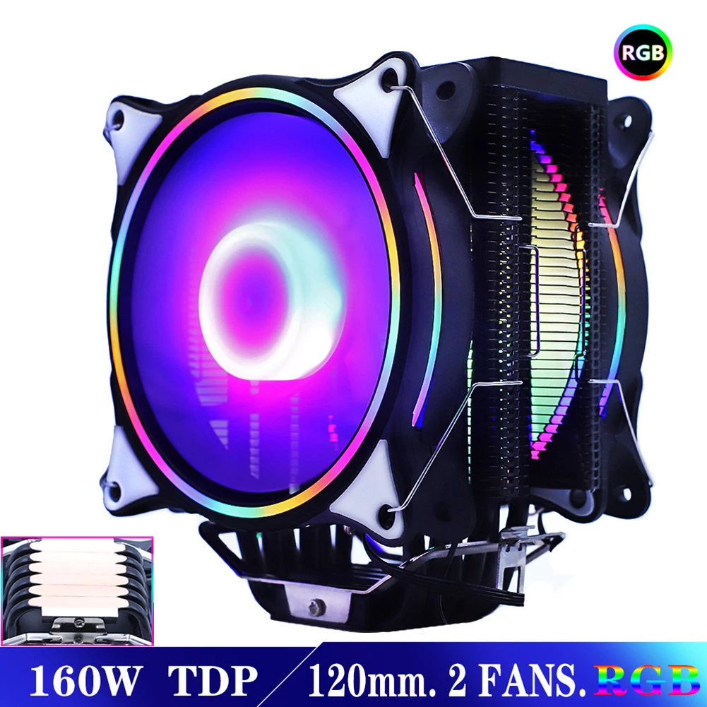 

120mm CPU Cooler Radiator Fan 6 Heat Pipes RGB PWM 4PIN Quiet For Inte LGA 115X 1200 1366 2011 V3 X79 X99 AM4 Socket Ventilador