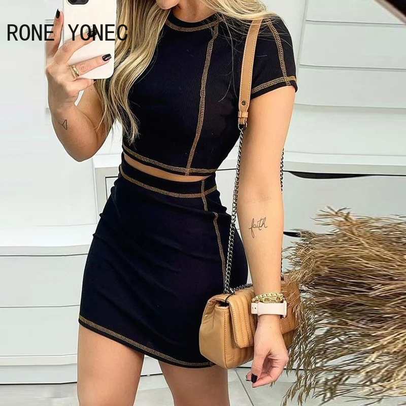 

Women Casual Chic Round Neckshort SleevesBright Line Decoration Bodycon Skirt Sets