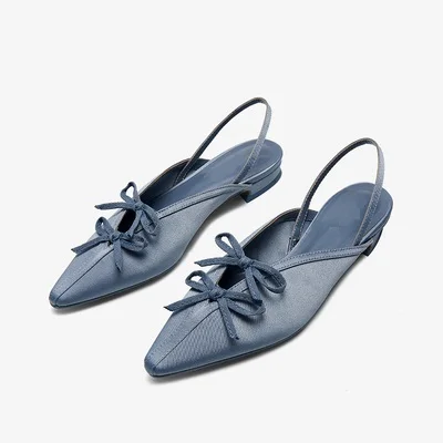 

2021 Summer New Women's Single Shoes Bowknot Decorated Thick Heel Mules Fashion Design Satin V-mouth Flat Sandals
