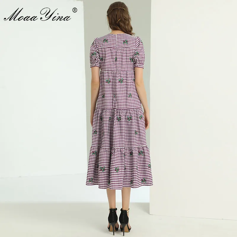 

MoaaYina Fashion Designer Dress Summer Women's dress Short sleeve Stripe Flowers Embroidery Dresses