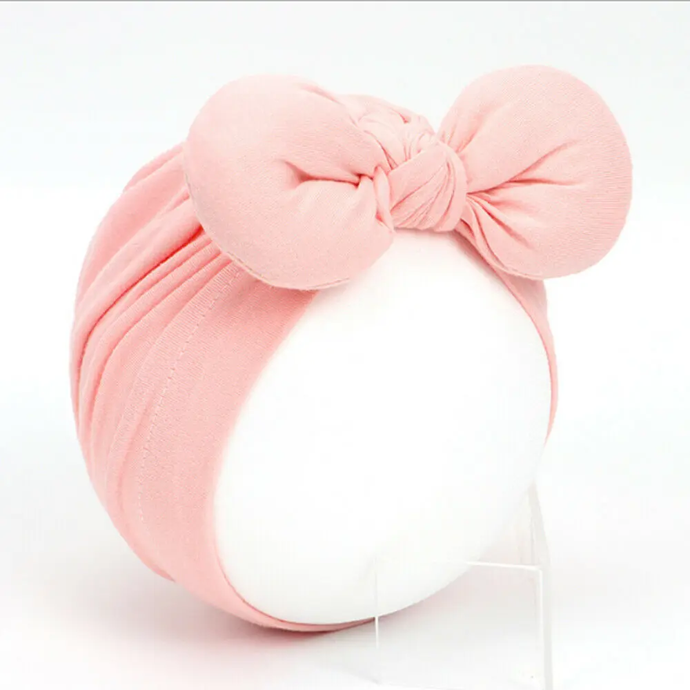 Pink Newborn Toddler Baby Girls Turban Soft Silk Beanie Big Bow Hat Cap Wrap Headwear Headband Hats Accessories Candy Color Cute - Color: Pink