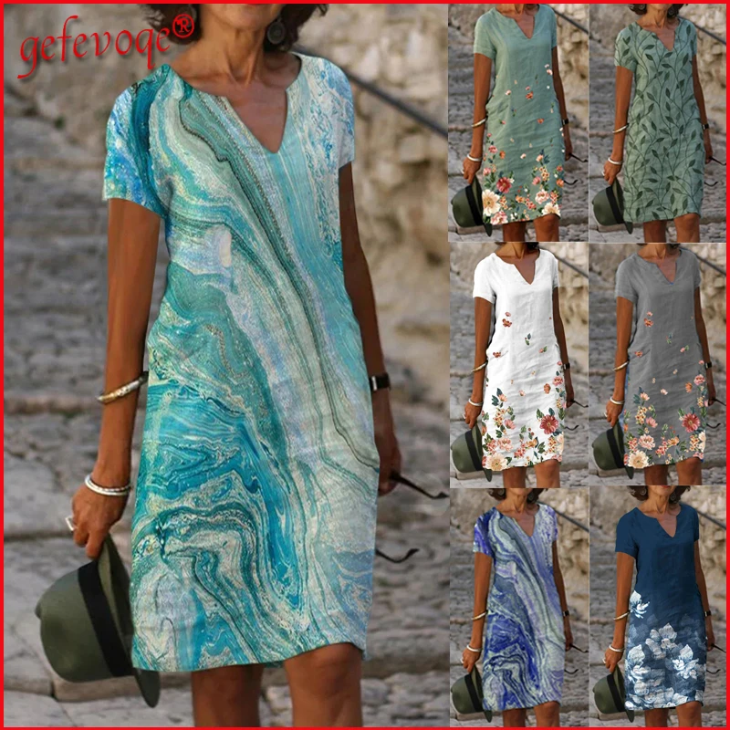 Купи Vintage Print Cotton Linen Dresses for Women 2021 Trending Clothes Casual Short Sleeve Beach Midi Dress Robe Vestidos De Verano за 919 рублей в магазине AliExpress