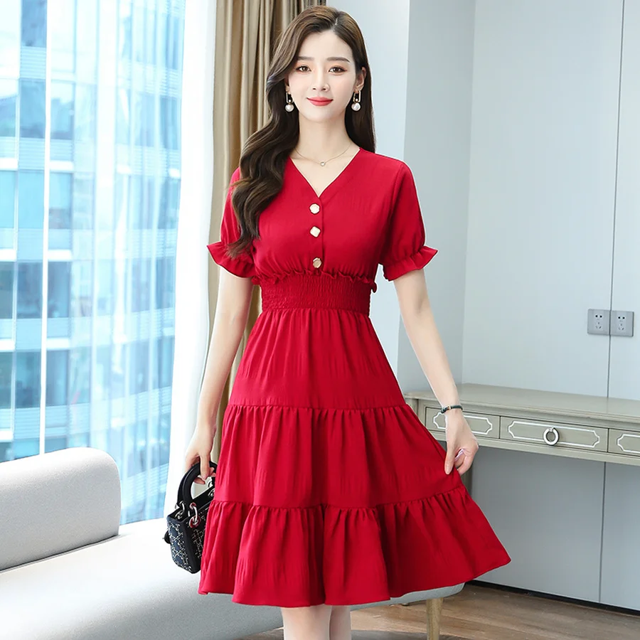 

Elegant Bodycon Women Prom Vestidos 2022 Fashion Vintage Red Boho Chiffon Sundress Summer Beach Midi Solid Party Evening Dresses