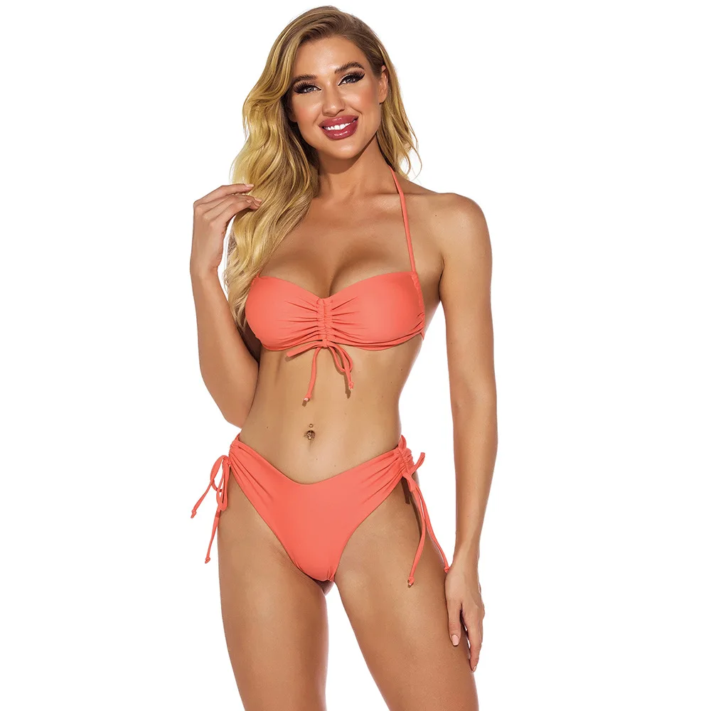 

2021 European and American Hot Style Swimsuit Hanging Neck Halter Back Lace Drawstring Solid Color Sexy Bikini Girl