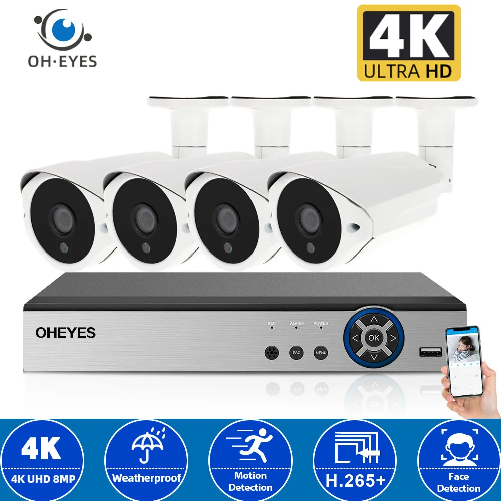 

4 Channel Monitoring Camera System Outdoor CCTV DVR Home Security Camera System 4K 4CH Night Vision Video Surveillance Kit 8MP