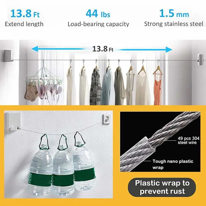 

Retractable Balcony Clothesline Laundry Hanging Rope Drying Rack Free Punching Wall Hanging Invisible Travel Clothes Hanger