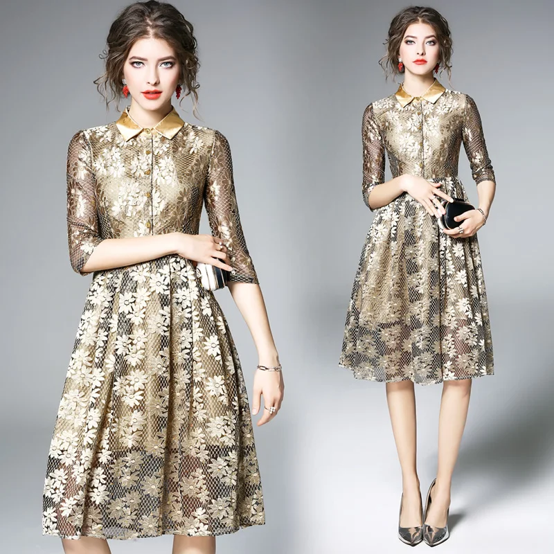 

New Elegant Vintage Women Lace Slim Tunic 3/4 Sleeve Midi Dress Lady Evening Party Dresses Clothing