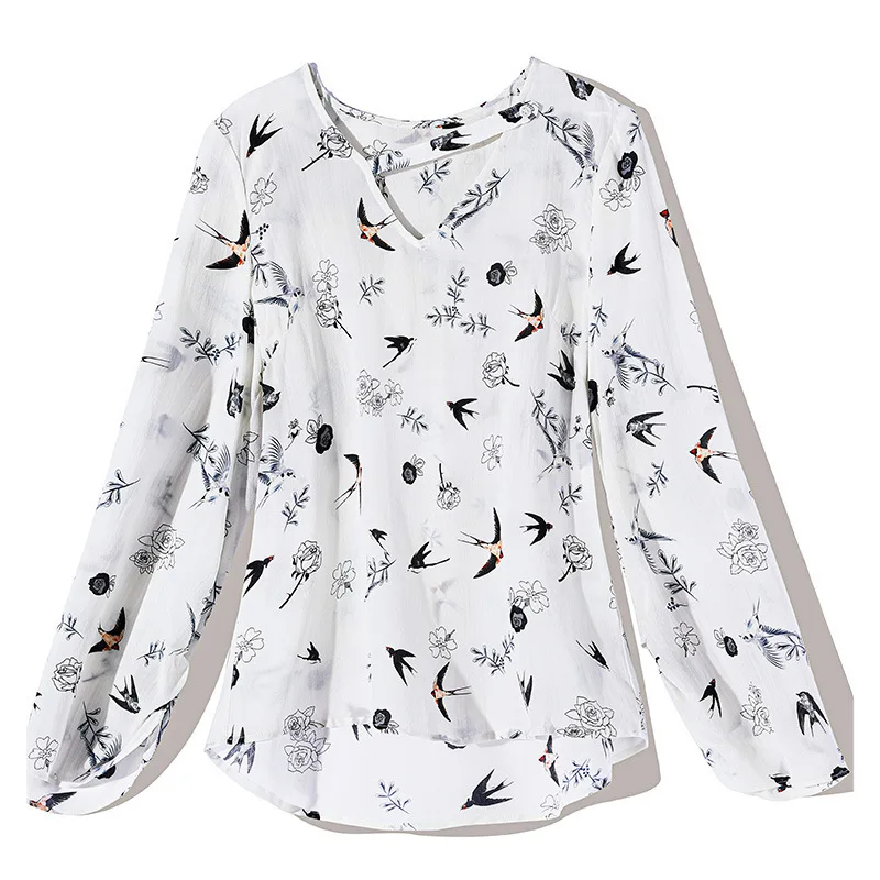 

Design Sense Buckle V-neck Bell Sleeve Silk Shirt Flower-Bird Print Silk Shirt Female 2020 Fashion New Style