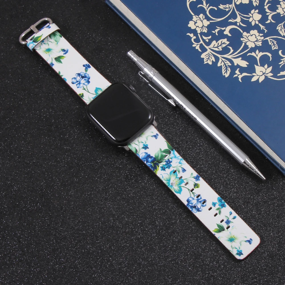 Ремешок кожаный для Apple Watch 6 5 4 3 2 1 38 мм/40 мм сменный цветочный браслет Iwatch Series 42