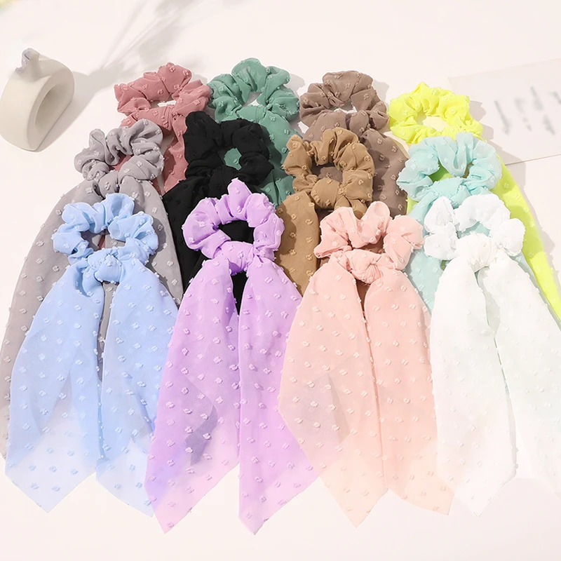

2021 New Polka Dot Print Chiffon Long Ribbon Scrunchies Ponytail Scarf Hair Tie women Girls Elastic Hair Bands Hair Accesories