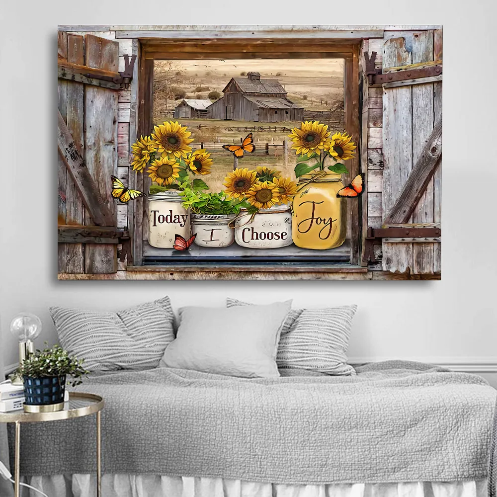 

Sunflower Fake Wooden Window Canvas Picture Farmhouse Paintings Wall Art Pictures Butterfly inspirational Letter Print Posters