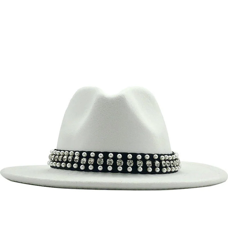 

2022 Men Women Wide Brim Wool Felt Fedora Panama Hat with Belt Buckle Jazz Trilby Cap Party Formal Top Hat In Pink,white