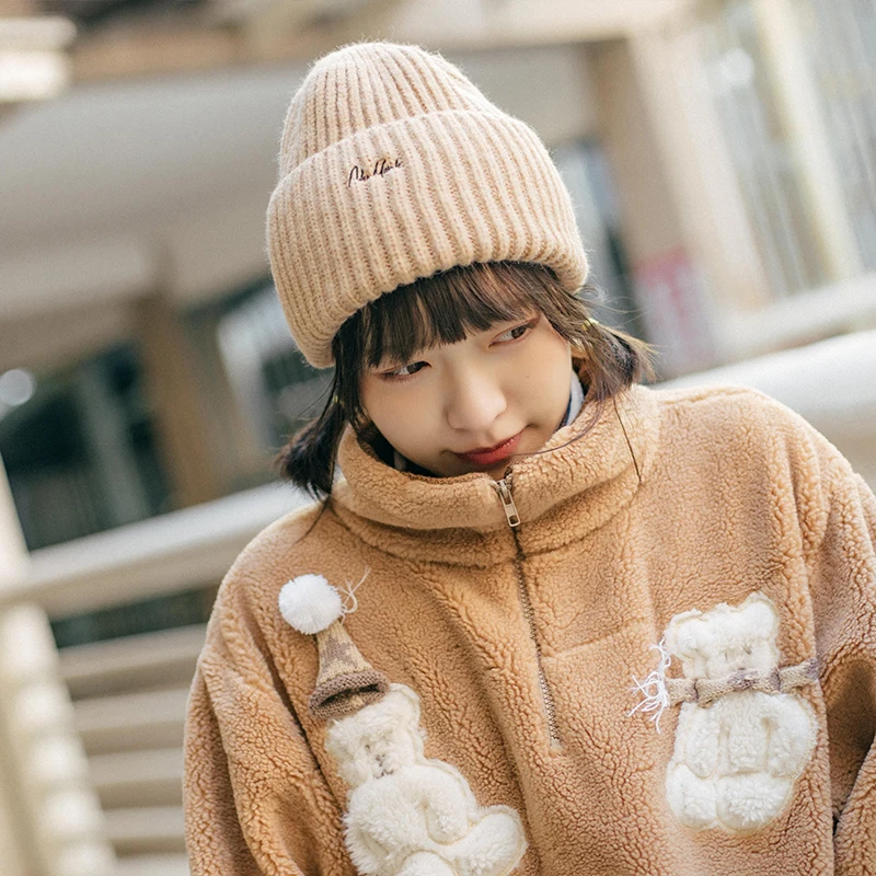 

Japanese thickened knitted and embroidered wool cap for children winter Korean version versatile INS wind earmuffle knitted cap